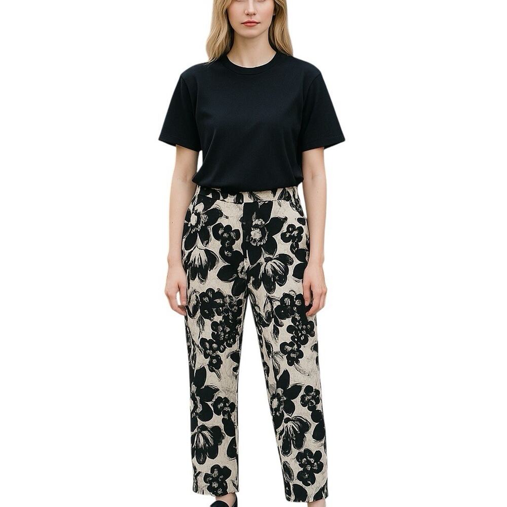 D. Exterior Women's Sz 44/8 Black & Silver Floral Elastic Waist Pull-On Trousers